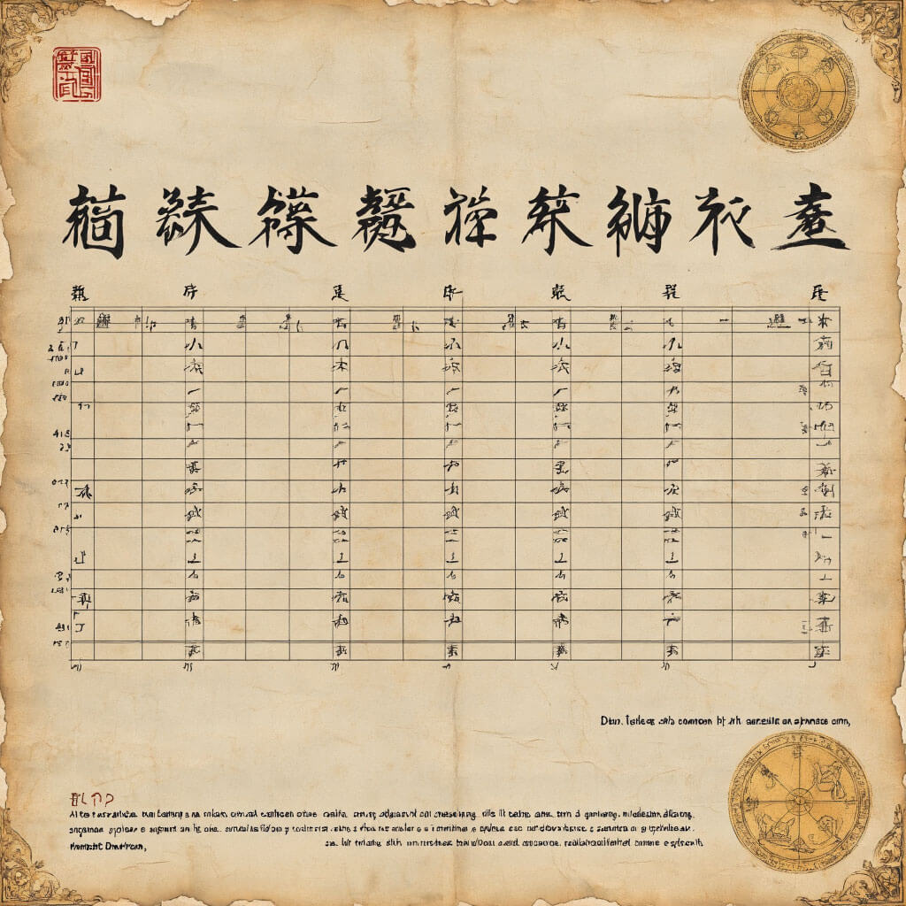 A stylized illustration of an ancient lunar calendar page with notations and symbols
